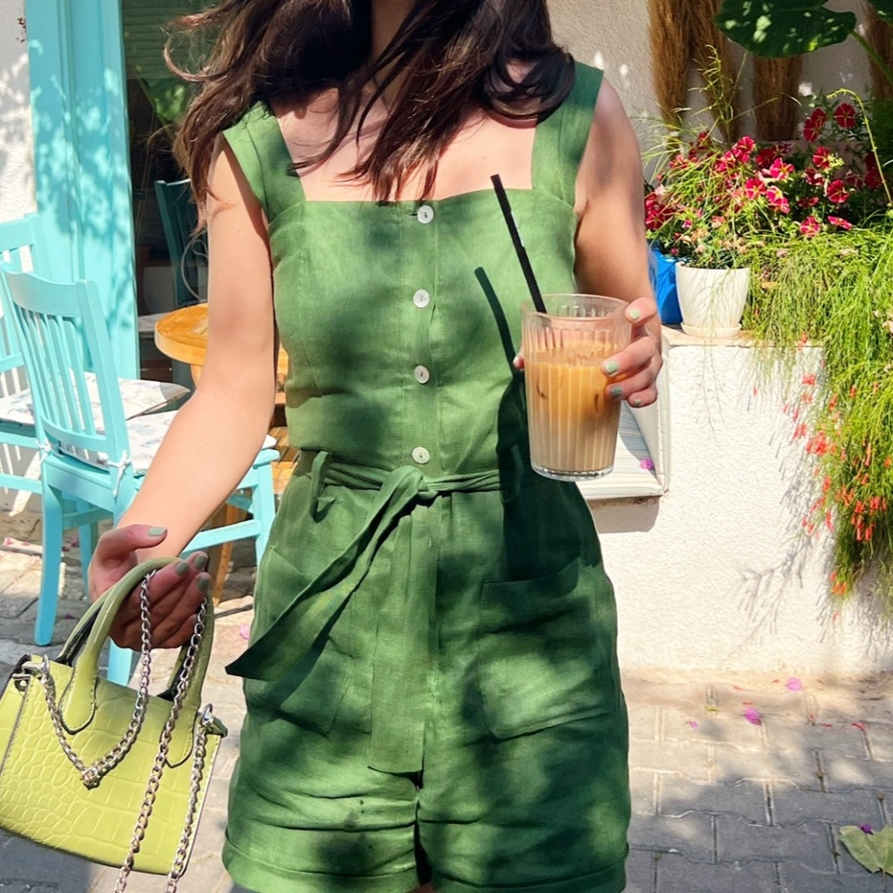 Green Linen Romper - XS